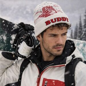 Roots “Buddy” Beaver Graphic Knit Beanie | Cream Red Winter Hat O/S